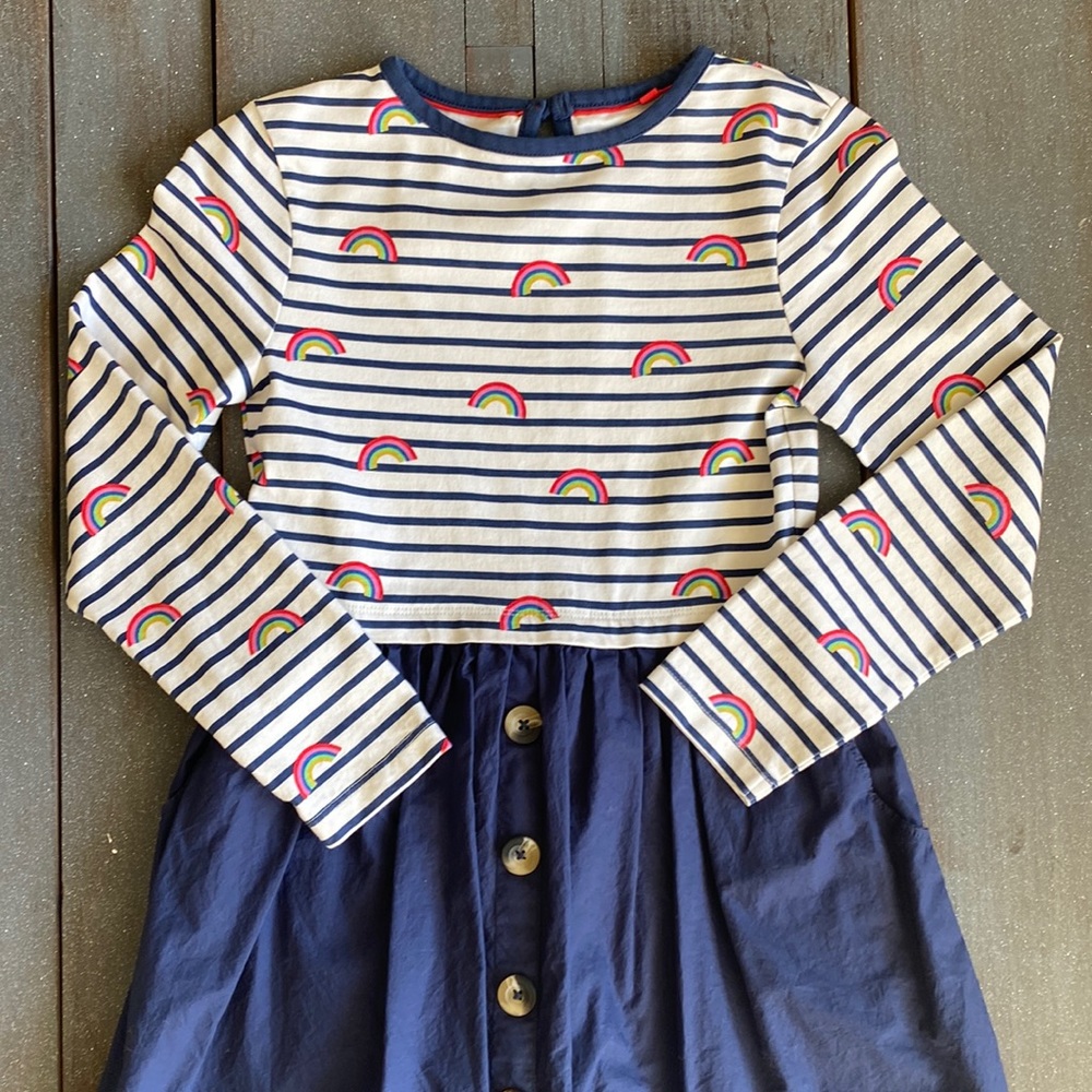 EUC Mini Boden Rainbow Navy Long Sleeve Dress Size  8 - 9